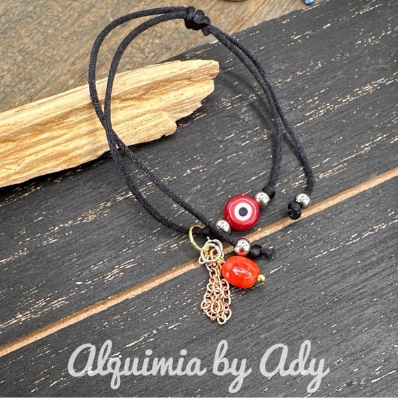 Alquimia Jewelry - Dainty gold coral evils eye black cord bracelet